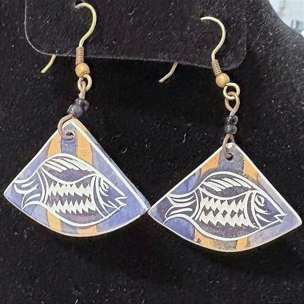Artisan Fish Fan Etched Drop Earrings Purple‎ Orange Nautical  Dangle Hook